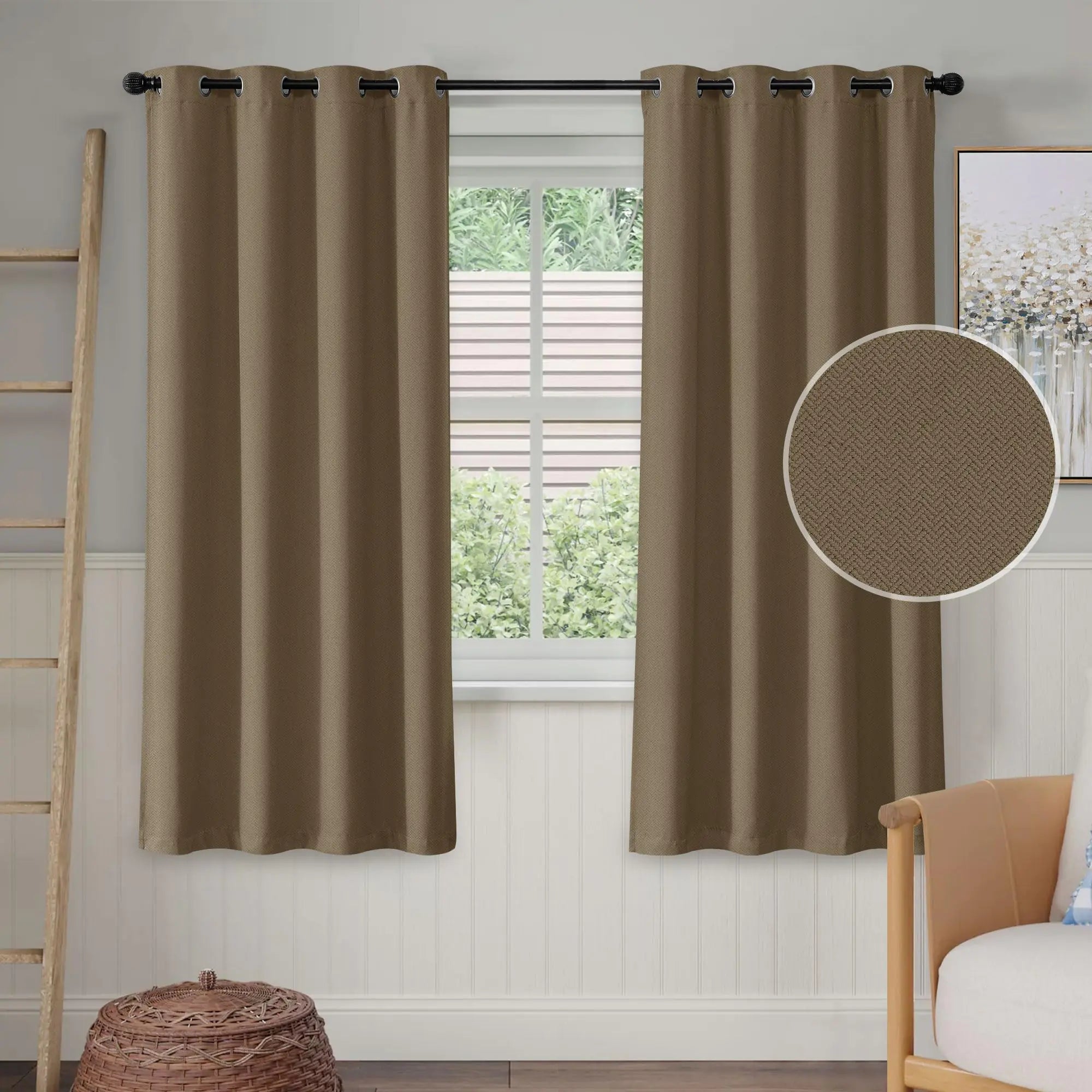 Beauoop Cortinas Opacas 100% Negras de 63 Pulgadas de Largo, 2 Paneles para Dormitorio y Sala de Estar, Textura de Lino Marrón, Aislantes Térmicas, Insonorizantes con Ojales en la Parte Superior, Tratamientos de Ventana, 52x63, Set de 2